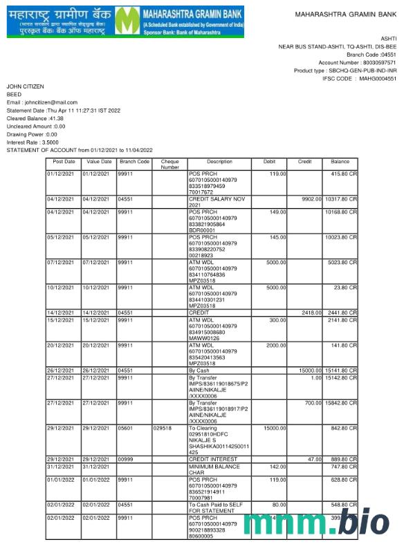 Szablon wyciągu bankowego India Kotak Mahindra, format Word i PDF, 7 stron